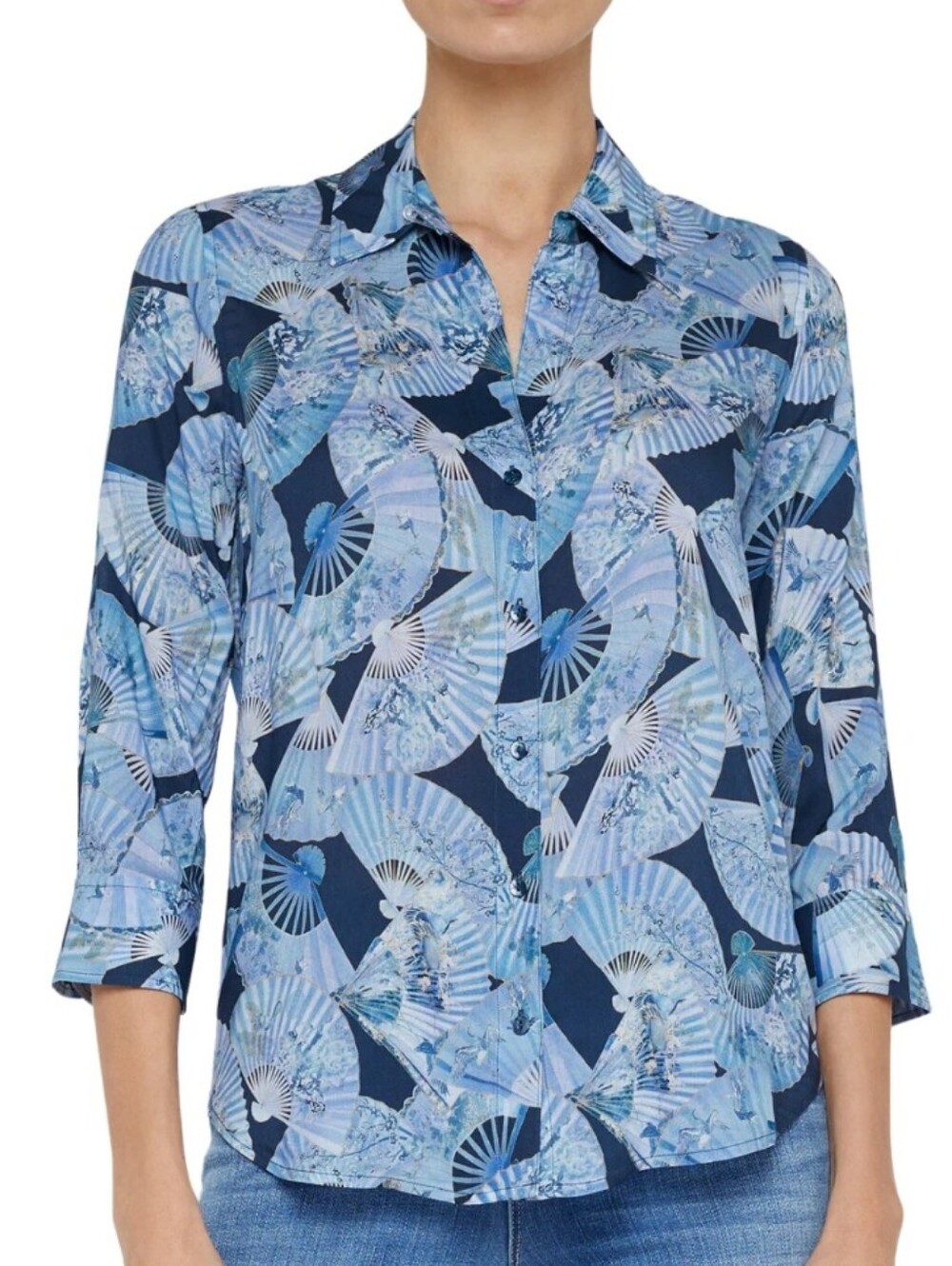 L'AGENCE Blue Fan-Print Button-Down Shirt Size Small